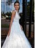 V Neck Beaded White Floral Lace Wedding Dress